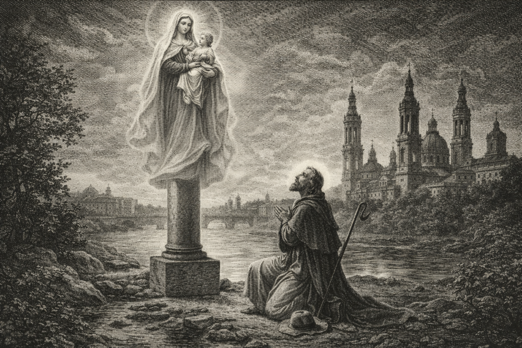leyenda de la Virgen del Pilar aparición a Santiago en Zaragoza grabado blanco y negro