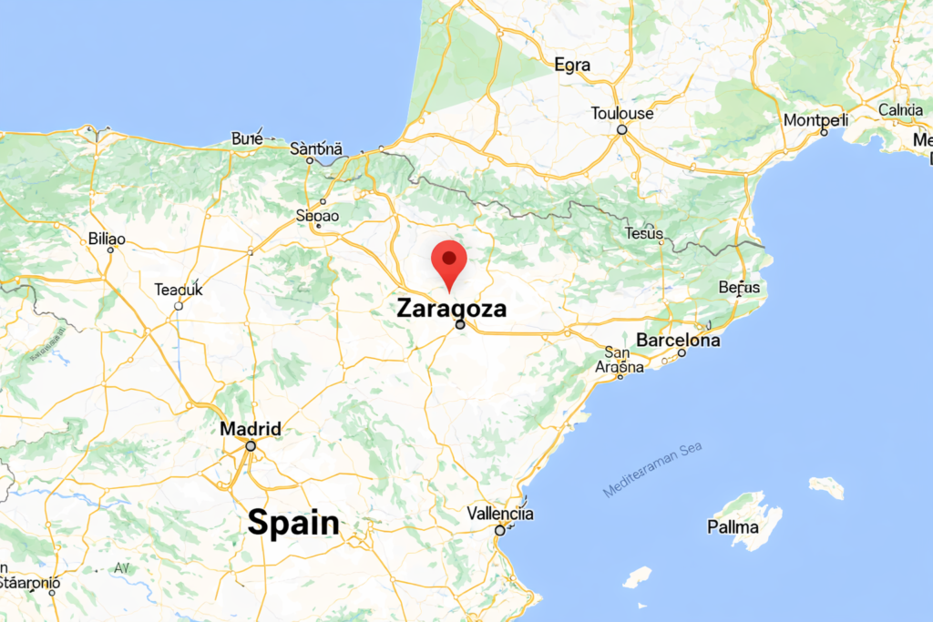 Mapa de España con la ubicación de Zaragoza en el valle del Ebro