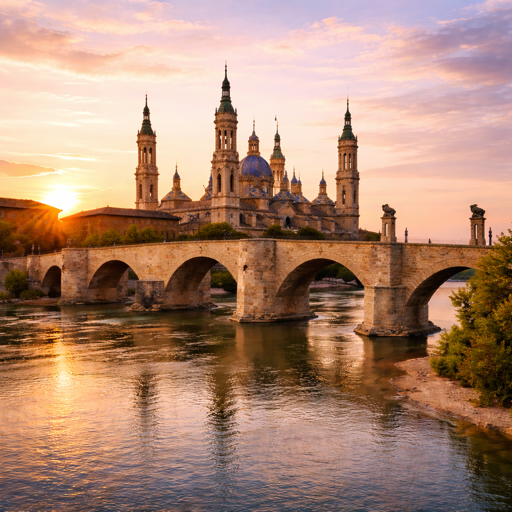 Puente de Piedra en Zaragoza sobre el río Ebro con vistas a la basílica