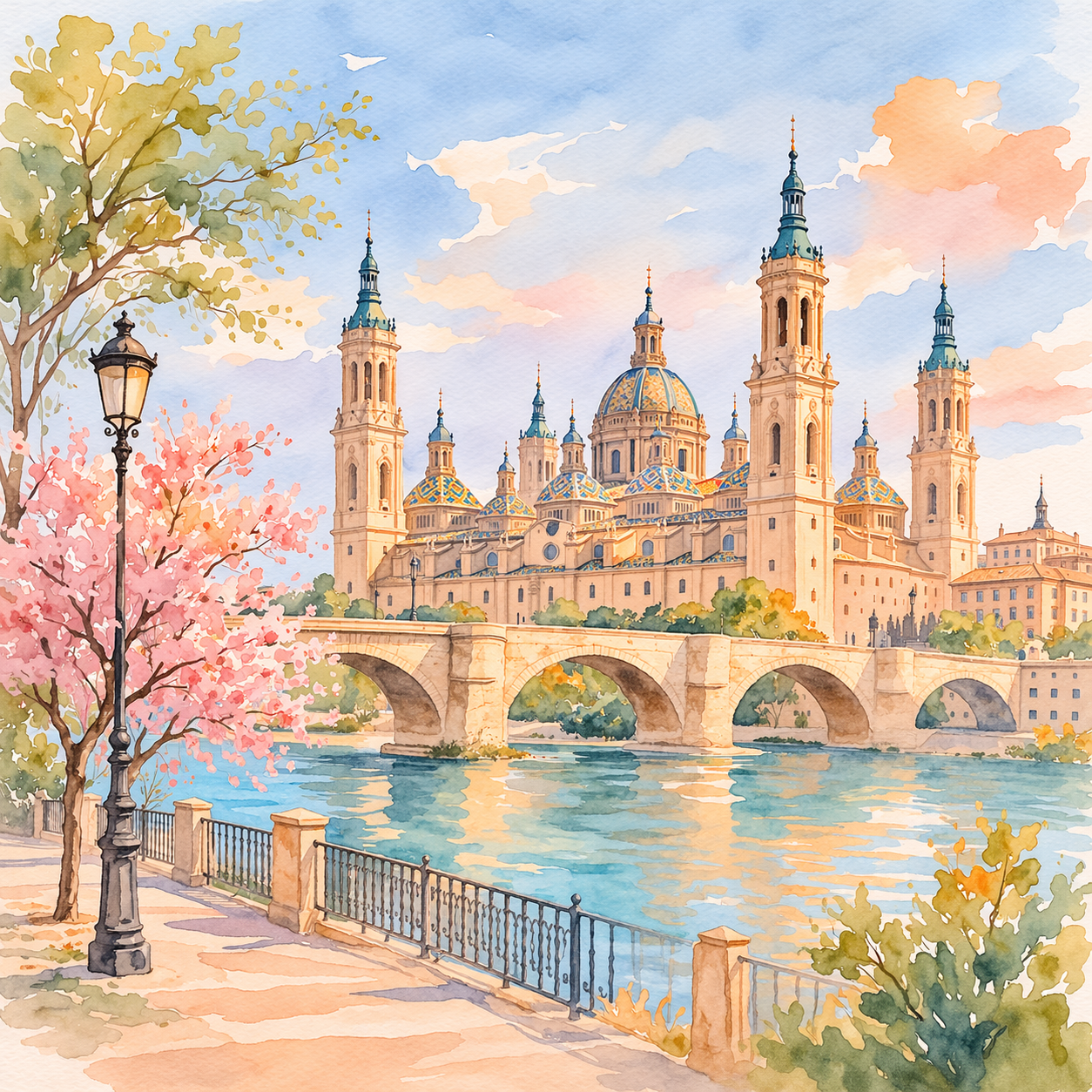 que-ver-en-zaragoza-acuarela Qué ver en Zaragoza ilustración en acuarela con la Basílica del Pilar y el río Ebro