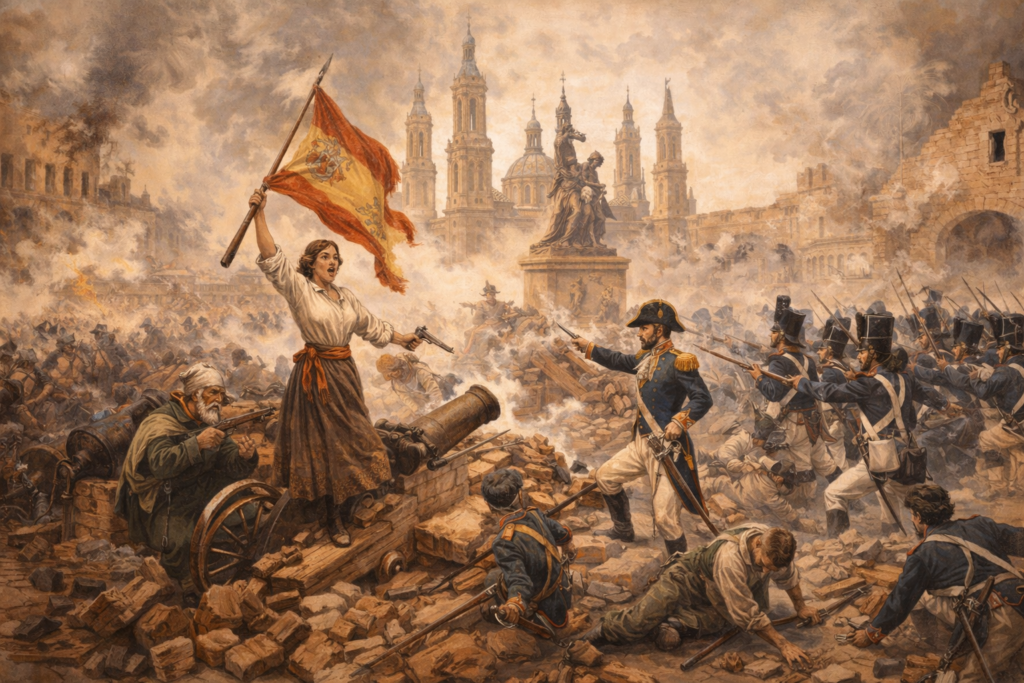Escena de los Sitios de Zaragoza en 1808 con la defensa de la ciudad frente al ejército napoleónico