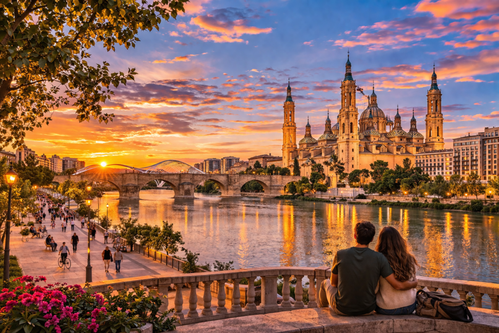 Vista de Zaragoza al atardecer con la Basílica del Pilar y el río Ebro