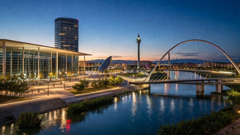 Vista de Zaragoza moderna con la Expo 2008, el Puente del Tercer Milenio y el río Ebro al atardecer