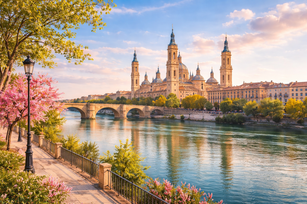 Vista panorámica de Zaragoza con la Basílica del Pilar y el río Ebro
