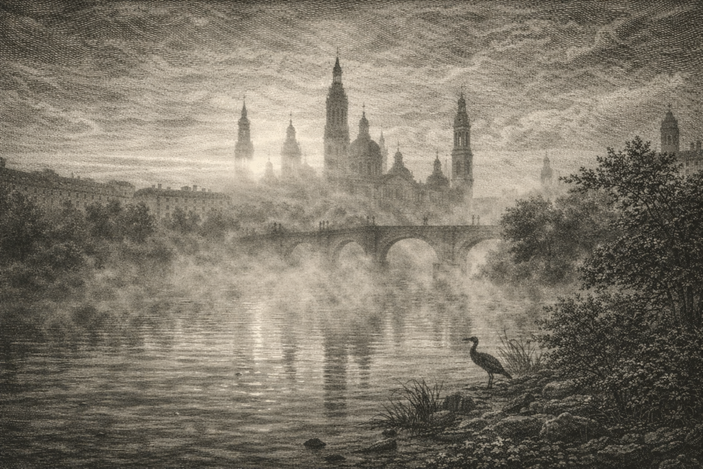 Zaragoza en grabado blanco y negro con el río Ebro y la Basílica del Pilar entre la niebla