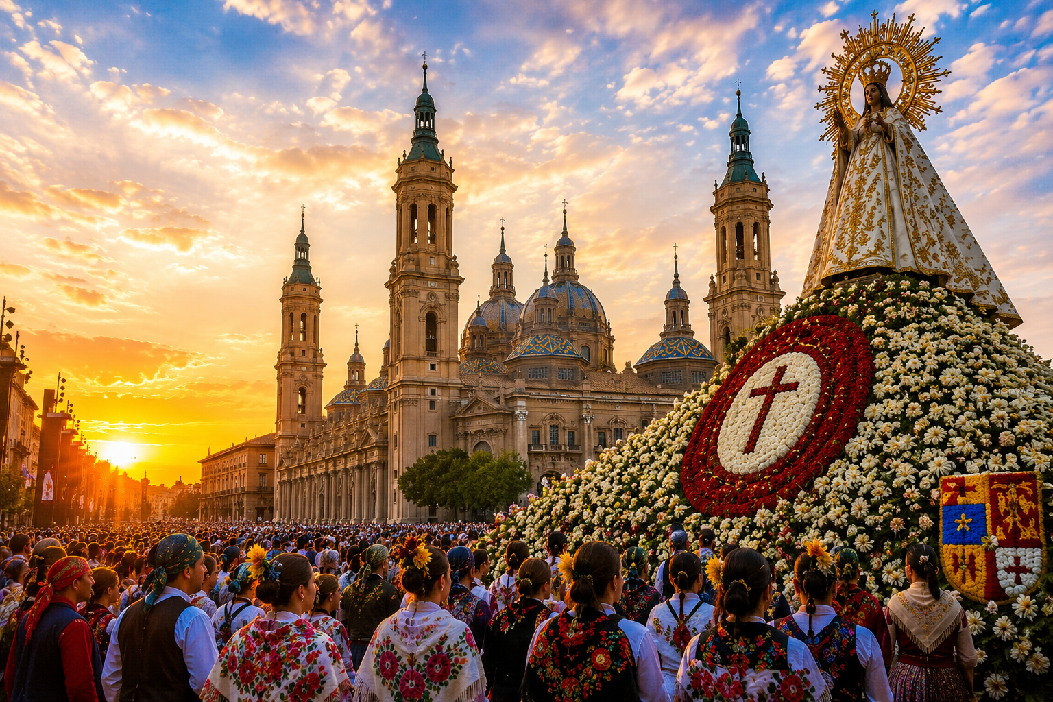 Fiestas del Pilar en Zaragoza con la Basílica del Pilar y miles de personas celebrando en la plaza principal