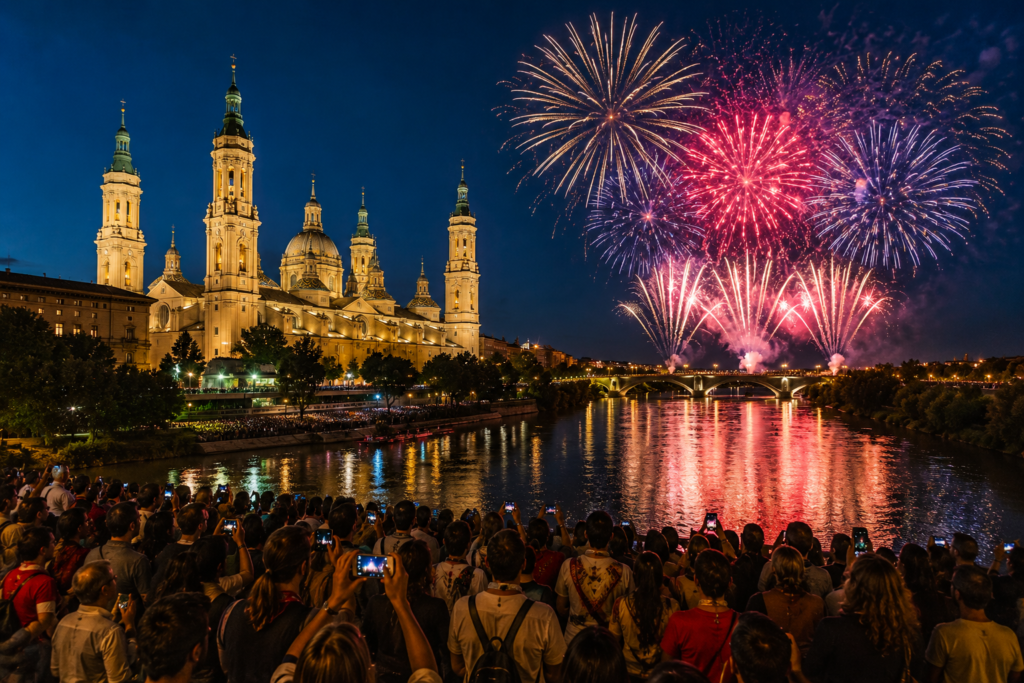 Fuegos artificiales sobre el río Ebro y la Basílica del Pilar durante las Fiestas del Pilar de Zaragoza