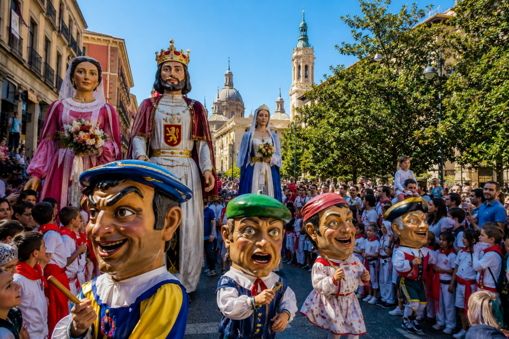 Gigantes y Cabezudos recorriendo las calles de Zaragoza durante las Fiestas del Pilar